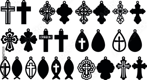 Print op canvas Bundle of earring templates in the form of crosses for making earrings from leather, wood, metal