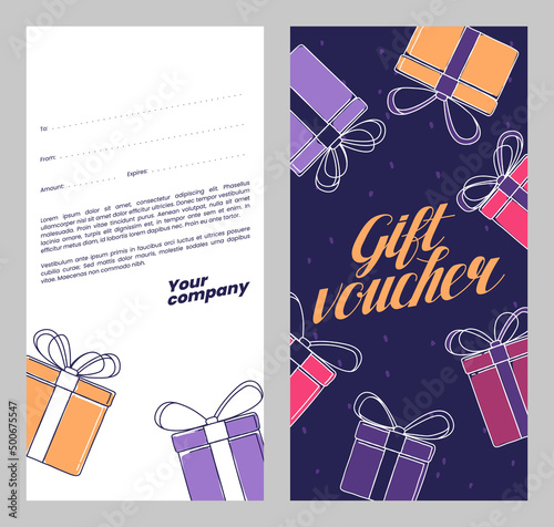 Gift voucher template with hand drawn gift boxes and text. Design concept for gift coupon, invitation, certificate, flyer, ticket. Stock vector illustration.