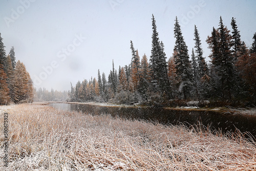 Wallpaper Mural river and mountains snow seasonal, landscape background, panorama view Torontodigital.ca