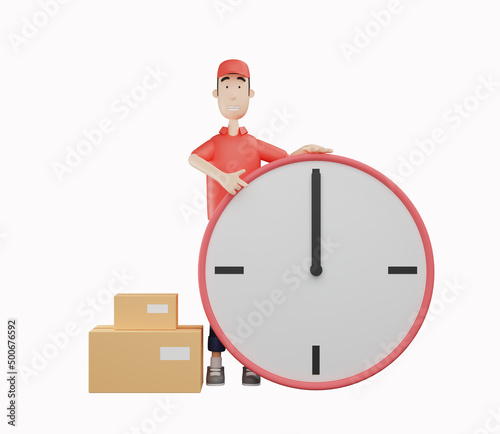 3d courier character pointing to big clock on white background. 3d rendering illustration