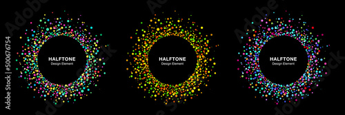 Set of splash frames. Random halftone circle dots logo. Colorful Design Element. Splatter round. Spray paint effect. Vector set illustration