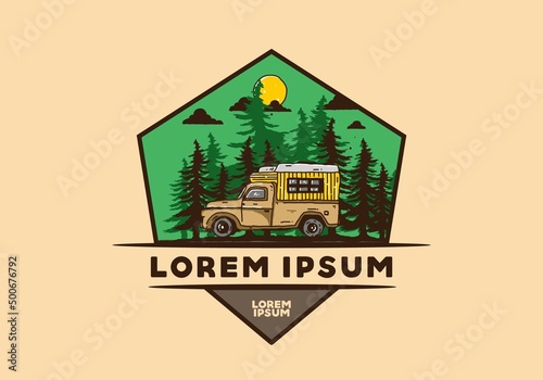 Wood campervan in the forest illustration