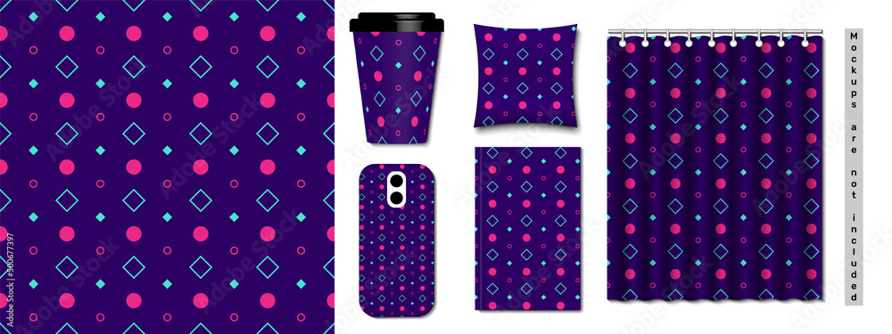 Obraz premium Cool contrasting geometric pattern with pink and turquoise ellipses, rhombuses on dark purple background. Colorful seamless texture. Flat vector illustration