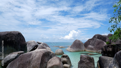Beautiful landscape of Belitung island where blue sky makes harmony with blue sea