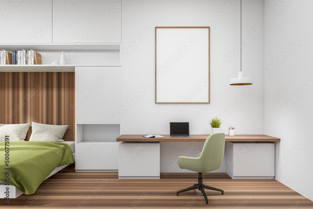 Fototapeta premium Bedroom interior with workplace and computer. Mockup frame