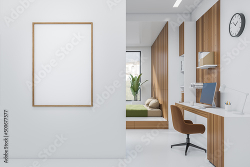 Modern home office interior with bed and workspace. Mockup frame