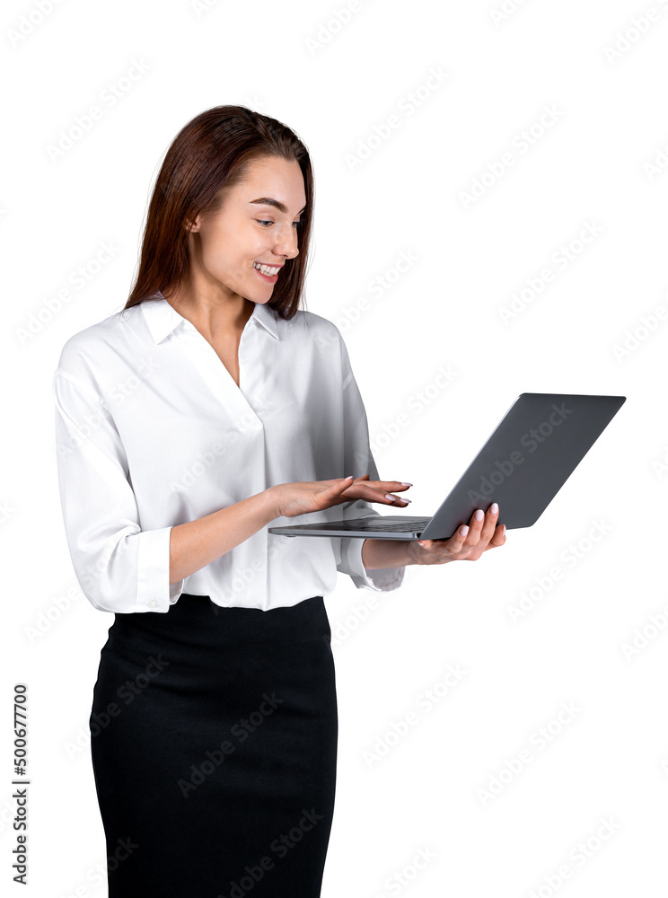 Businesswoman with laptop in hands, smiling. Isolated over white Businesswoman with laptop in hands, smiling. Isolated over white