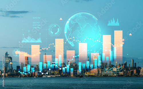 Valokuva Earth sphere and stock market with bar chart and New York city view
