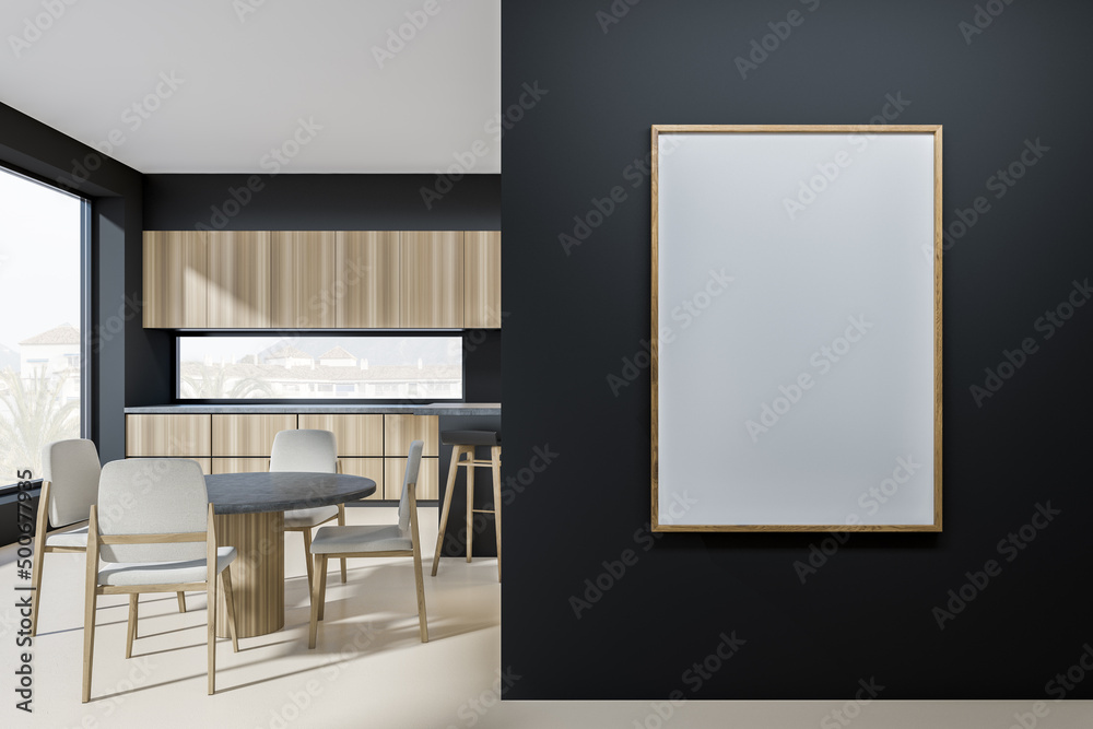 Black kitchen interior with table and seats, panoramic window. Mockup frame Black kitchen interior with table and seats, panoramic window. Mockup frame
