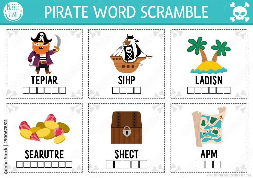 Vector pirate word scramble activity page. English language game with ship, treasure island, chest for kids. Sea adventures family quiz with map, parrot. Educational printable worksheet..