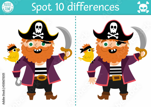 Find differences game for children. Sea adventures educational activity with cute pirate with parrot and sable. Puzzle for kids with funny character. Marine printable worksheet or page.