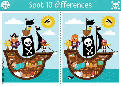 Find differences game for children. Sea adventures educational activity with cute pirate ship interior, cabin and hold. Puzzle for kids with funny scene. Marine printable worksheet or page.