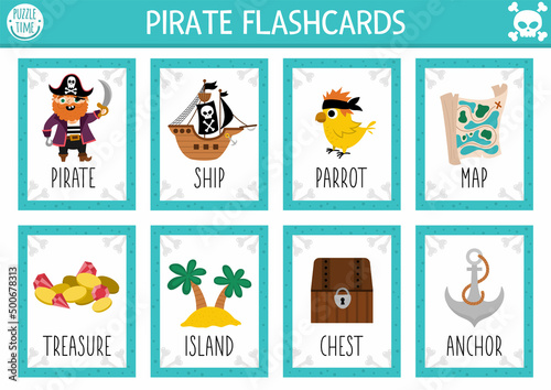 Vector pirate flash cards set. English language game with cute ship, treasure island, chest for kids. Sea adventures flashcards with map, parrot. Simple educational printable worksheet..