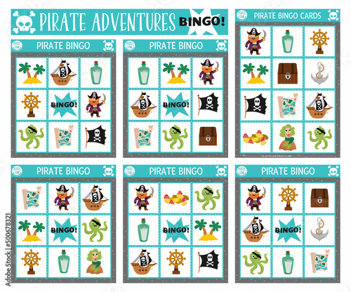 Vector pirate bingo cards set. Fun treasure island lotto board game with cute pirate, ship, mermaid, animals for kids. Sea adventures lottery activity. Simple educational printable worksheet..