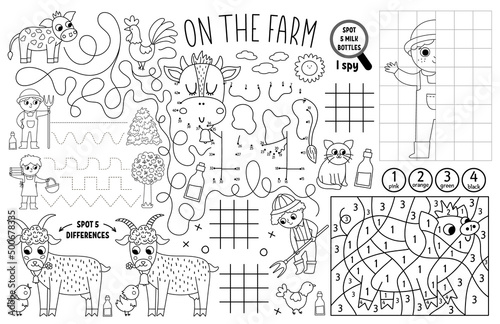 Vector on the farm placemat for kids. Country farm printable activity mat with maze, tic tac toe charts, connect the dots, find difference. Farmhouse black and white play mat or coloring page.