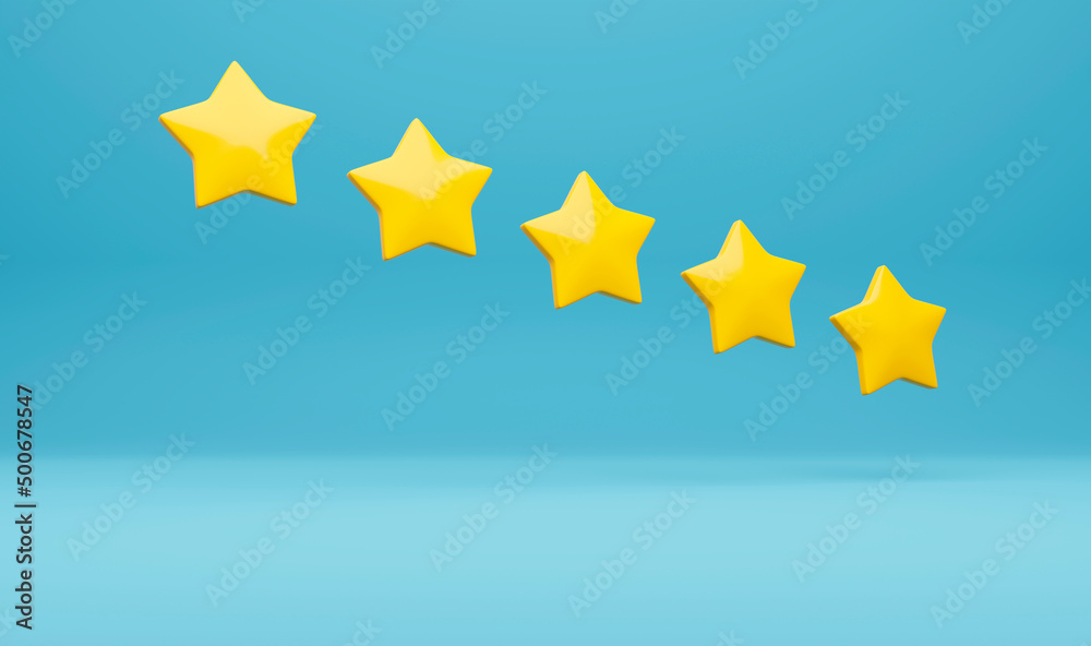 Five yellow stars quality rating icon on blue background. Product Rating System. 3d rendering Five yellow stars quality rating icon on blue background. Product Rating System. 3d rendering