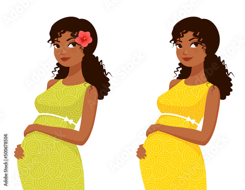 cartoon illustration of a beautiful African American pregnant woman, isolated on white.