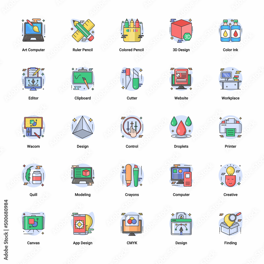 Obraz premium Art & Designing, drawing and web and graphic design icons set. flat Filled Outline vector illustration.