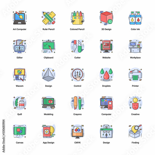 Art & Designing, drawing and web and graphic design icons set. flat Filled Outline vector illustration.