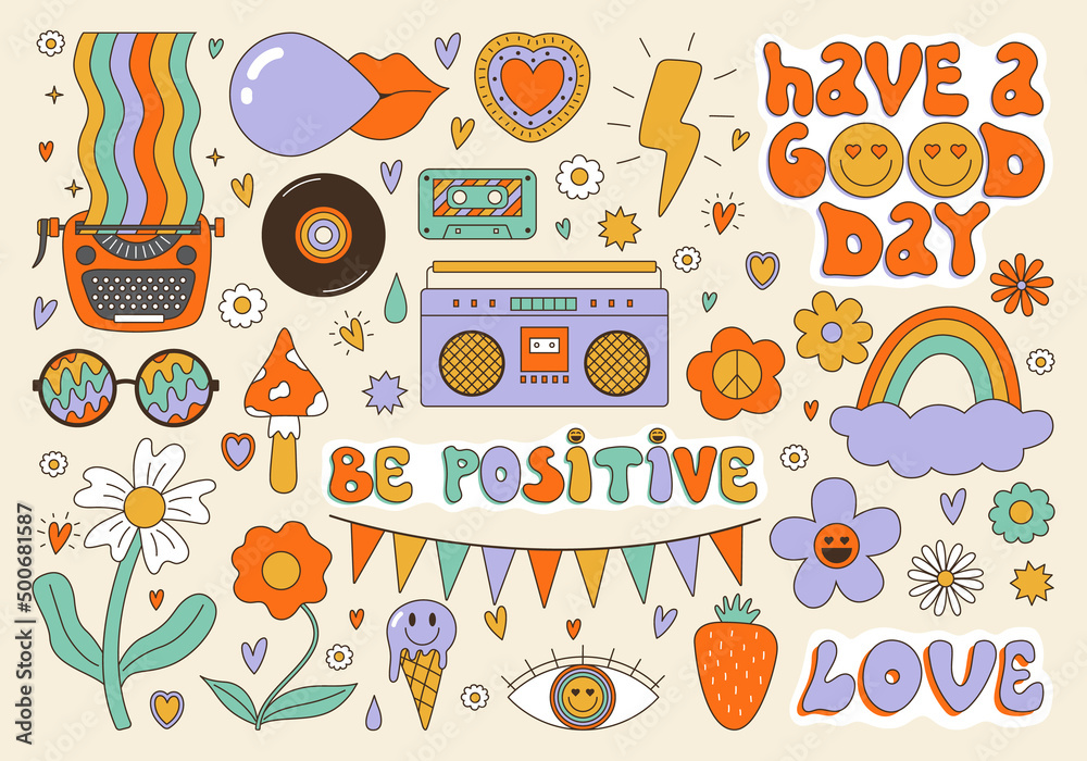 Vector groovy clipart collection. 70s, 80s, 90s vibes funky stickers. Retro flowers. text, emoji, typewriter, cassette  illustrations. Vintage nostalgia elements for card, poster design and print - obrazy, fototapety, plakaty 