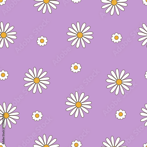 Seamless vector pattern with vintage daisy and camomile groovy flowers. Country floral background. Cute cartoon texture for surface design, wallpaper, wrapping paper, textile