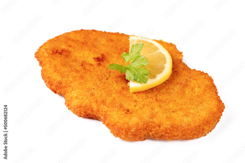 Homemade breaded chicken schnitzel . isolated on white background