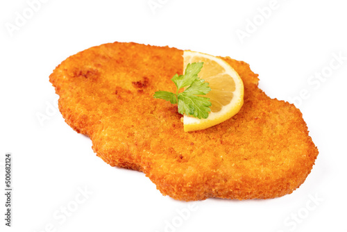 Obraz na płótnie Homemade breaded chicken schnitzel . isolated on white background w salonie