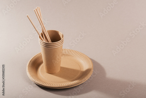 Eco-friendly disposable utensils made of craft paper on a light beige background. Paper plates  cups and straws