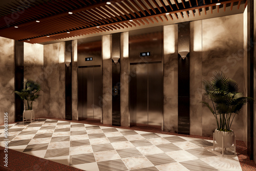 3d rendering metal elevator hall of hotel interior with marble