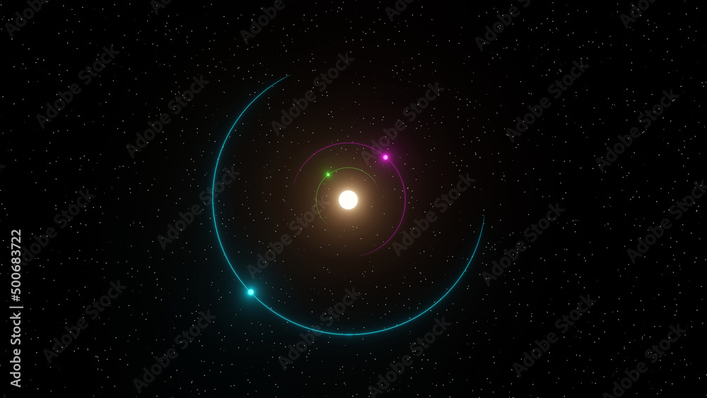 Colorful orbit of a star system with star field in background (3D Rendering)