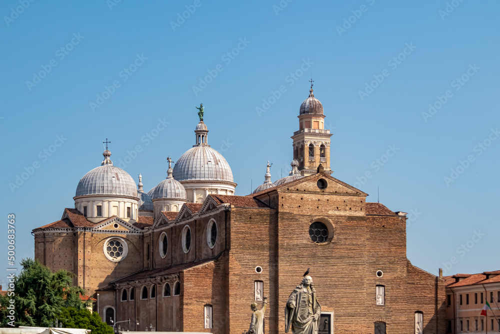 Scenic view from Prato della Valle on the Basilica of Santa Giustina in Padua, Veneto, Italy, Europe. Abbey was founded in fifth century on the tomb of saint Justine of Padua in Padova, Italian city
