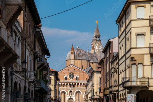 Scenic view from street Via Pietro Scalcerle on Basilica of Saint Anthony in Padua, Veneto, Italy, Europe. Roman Catholic church in a Northern Italian city. Touristic sight seeing in Padova photo