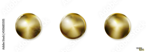 Realistic gold construction rivets, metal set heads isolated on white. Golden, top view. Vector