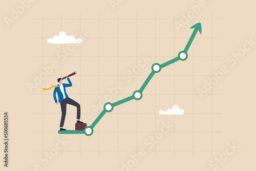Investment upside potential, economy prediction or forecast, vision or analyze future, business growth or earning increase concept, businessman look through telescope to see investment growing graph.