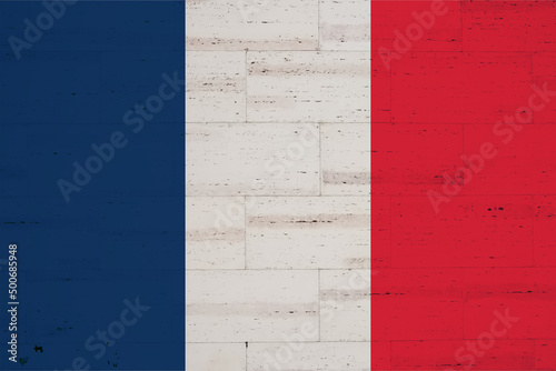 The flag of France (French: drapeau français) is a tricolour flag featuring three vertical bands coloured blue (hoist side), white, and red. photo