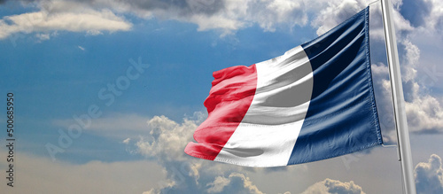 The flag of France (French: drapeau français) is a tricolour flag featuring three vertical bands coloured blue (hoist side), white, and red. photo