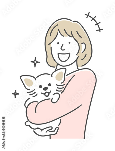 Illustration of a woman holding a dog | glad, laughing