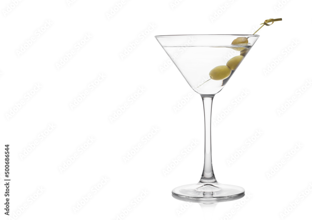Vodka martini gin cocktail in classic glass with olives on bamboo stick on white background with reflection.