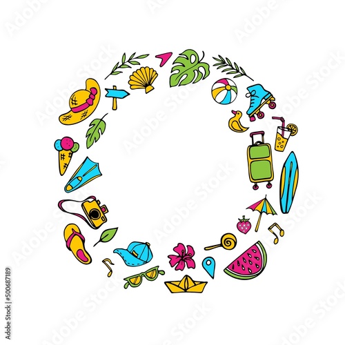 Summer symbols doodle clipart. Round composition or wreath on vacation theme