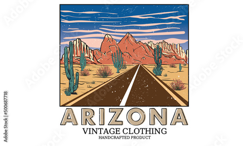 Arizona road trip vector print design for t shirt and others. Desert vibes graphic print design for apparel, stickers, posters and background. cactus wild life artwork.