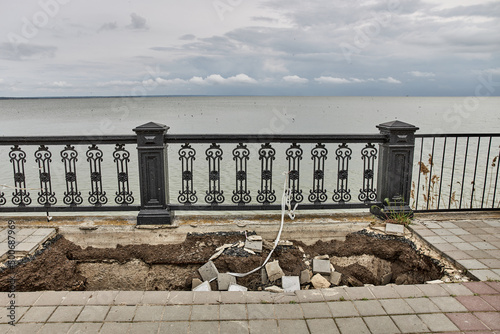 Large soil collapse on the embankment of the city of Taganrog, on the shores of the Azov Sea photo