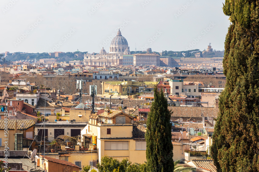 view or Rome; panorama of city of Rome, Italy; Vatican city in Rome; St. Peter's Basilica in catholic Italy