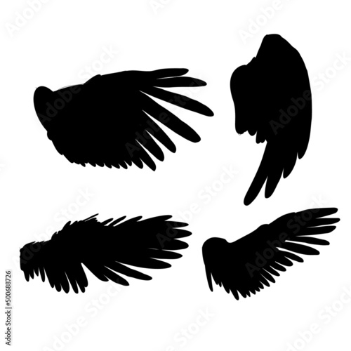 Black wings of bird, angel. Silhoette style.