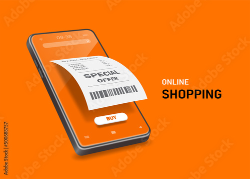 A receipt with the special offer text flows out of the smartphone screen after online purchase,vector 3d isolated on orange background for online shopping promotion design