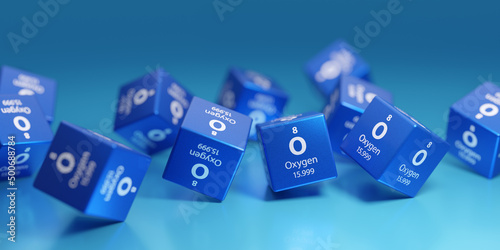 Oxygen (O) is gaseous chemical element, electricity production, technological heat production, engine and turbine drive. Promotional education periodic symbol, element 3D render.