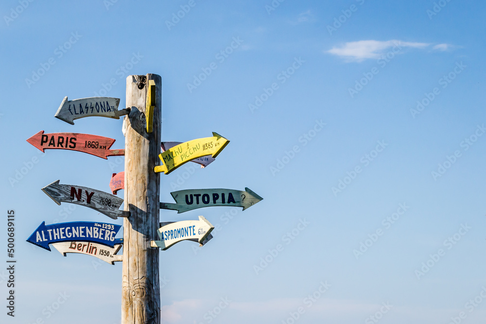 Wooden signpost in the public space in Leptokarya. Wooden signpost in the public space in Leptokarya.