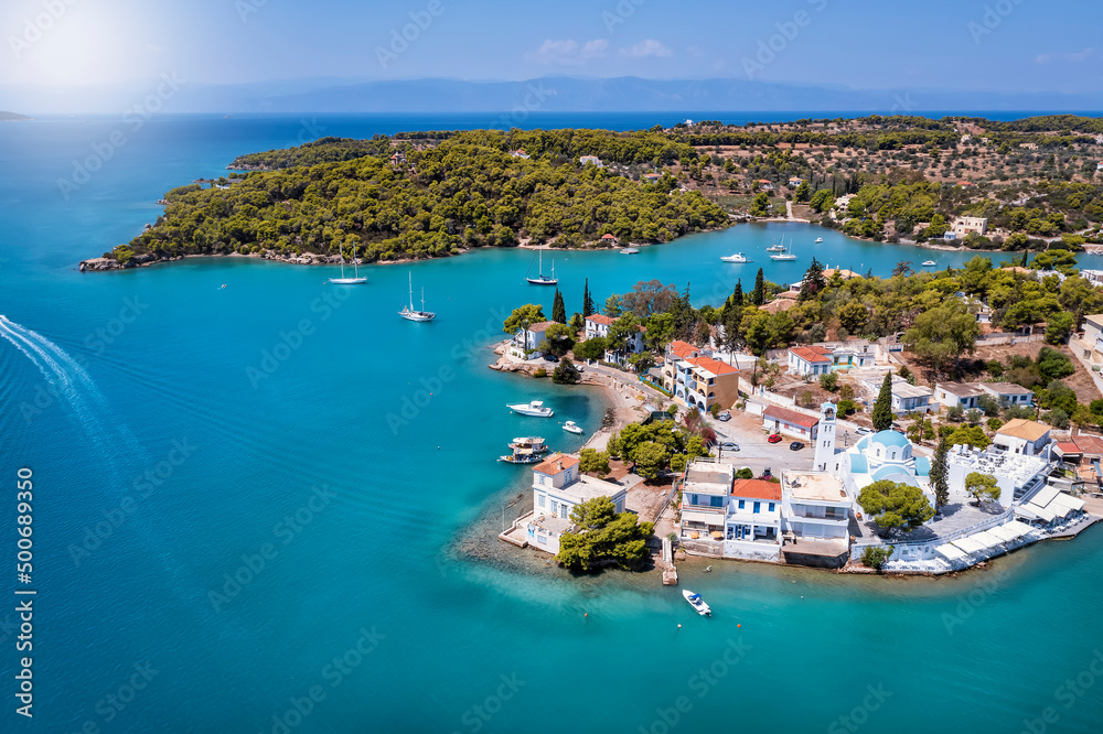 Aerial view of the town Porto Cheli, a luxury seaside retreat at the east edge of the Peloponnese peninsula, Greece