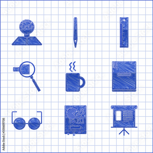 Set Coffee cup, Board with graph chart, Presentation financial board graph, schedule, chart, diagram, infographic, pie, Notebook, Glasses, Magnifying glass, Ruler and Student icon. Vector
