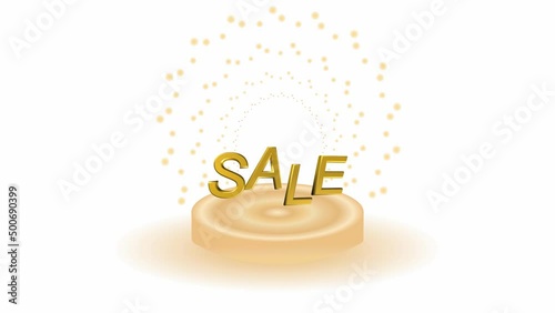 beautiful gold pedestal with sequins on a white background with the inscription sale