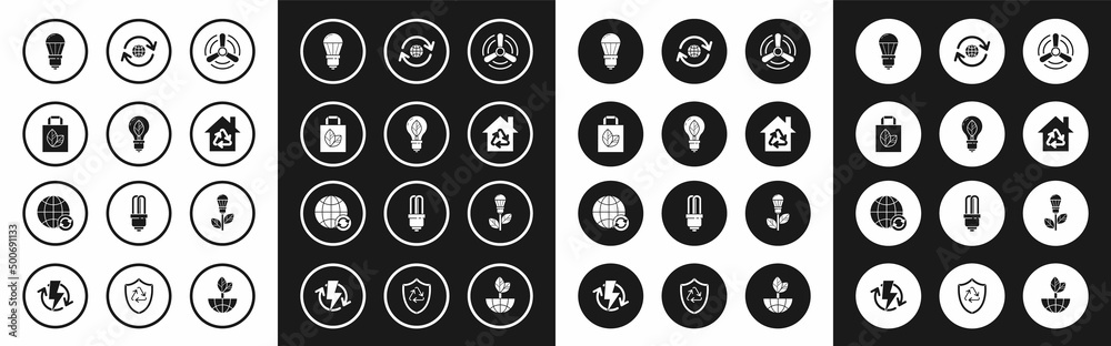 Set Wind turbine, Light bulb with leaf, Paper shopping bag recycle, LED light, Eco House recycling symbol, Planet earth and, and icon. Vector Set Wind turbine, Light bulb with leaf, Paper shopping bag recycle, LED light, Eco House recycling symbol, Planet earth and, and icon. Vector